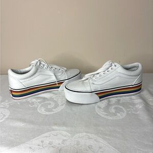 Vans White Old Skool Platform Sneakers with Rainbow Stripe
